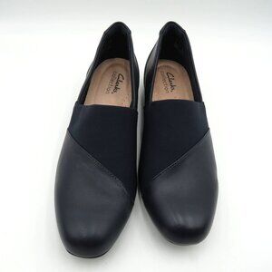 New Clarks Shoes Womens Size 7 Navy Blue Slip On Loafers Stretchy Upper Flats